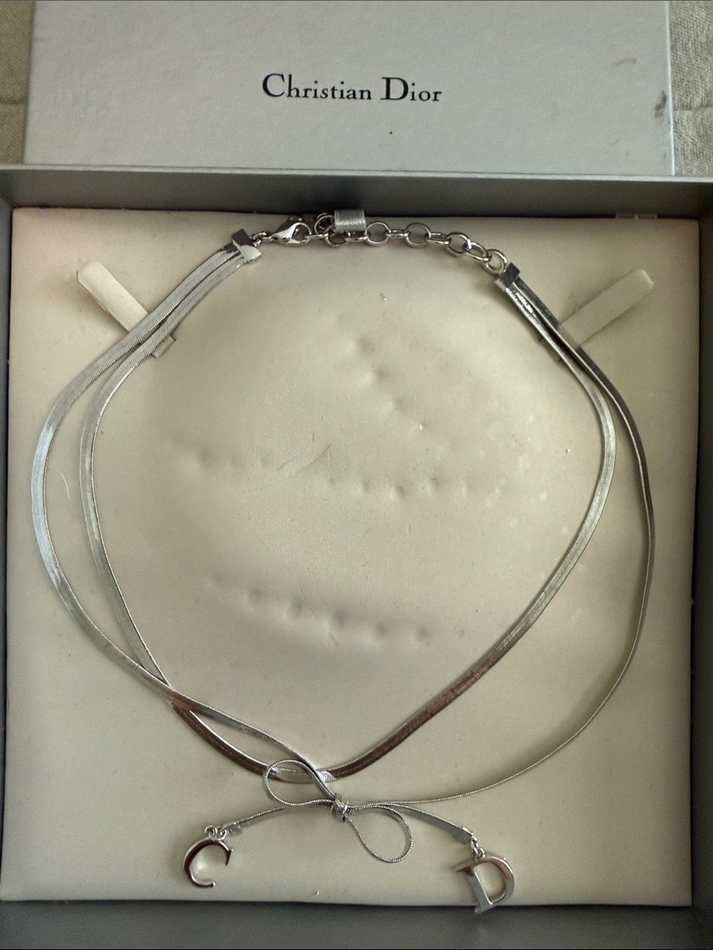 Dior Silver Ribbon Double-Strand Choker with Logo Charms
